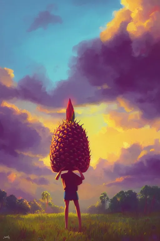 Prompt: closeup, giant pineapple head, a girl surrounded by djungle, surreal photography, golden hour, colorful clouds, impressionist painting, digital painting, artstation, simon stalenhag