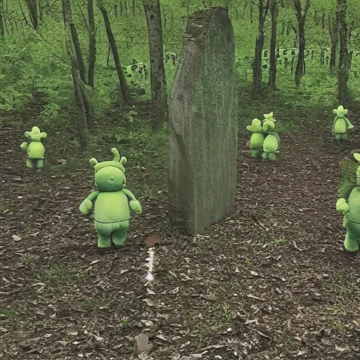 Prompt: teletubbies on cemetery trail camera footage