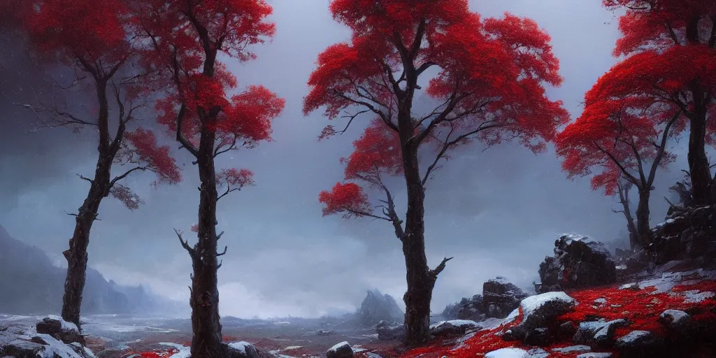 Image similar to A beautiful oil painting of a rocky valley covered in snow, trees with red leaves, thunderstorm in the sky, blue lighting, gloomy, atmospheric lighting, detailed, by greg rutkowski, trending on artstation