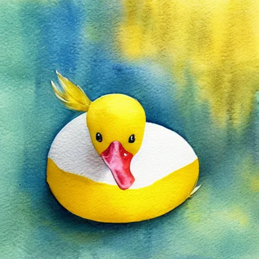 Image similar to hyper realistic watercolor yellow duck with party horn, cute illustration by basia tran