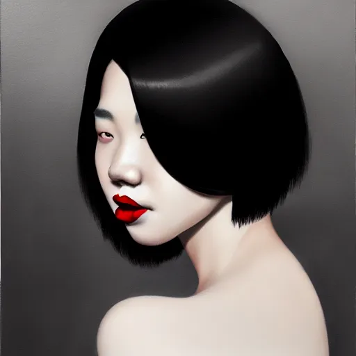Prompt: a woman with black hair and a red lipstick, a photorealistic painting by wang duo, featured on cg society, photorealism, behance hd, ultrafine detail, high detail, beauty campaign, photoshoot