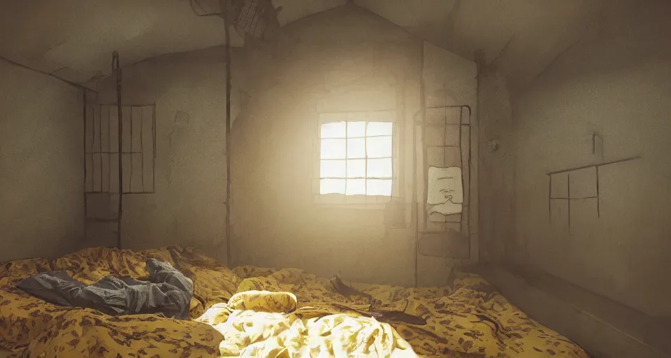 Image similar to a cozy prison cell with an overgrown human body sleeping on the bed, horror, studio Ghibli style, golden hour