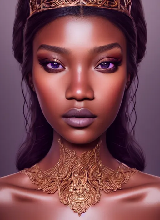 Prompt: portrait of princess, intricate, sharp focus, octane render, realistic, photo, detailed, beautiful, brown skin, unreal engine, symmetrical!!, loreal, maybelline, sephora, loreal, artstation, art by artgerm, rossdraws, makeup by pat mcgrath, cinematic, concept art, filmic, vsco