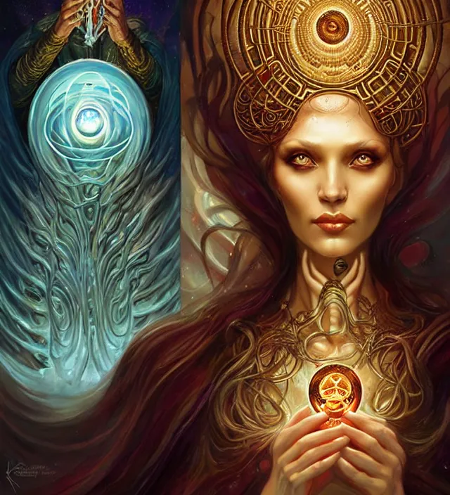 Image similar to eldritch horror goddess, azathoth, cosmic, trending on artstation, portrait, tarot card, digital art by artgerm and karol bak