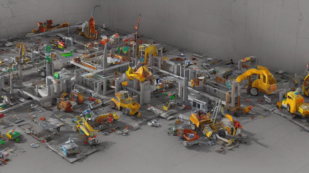 Prompt: construction site made out of toys, pipes, concept art, 3d render