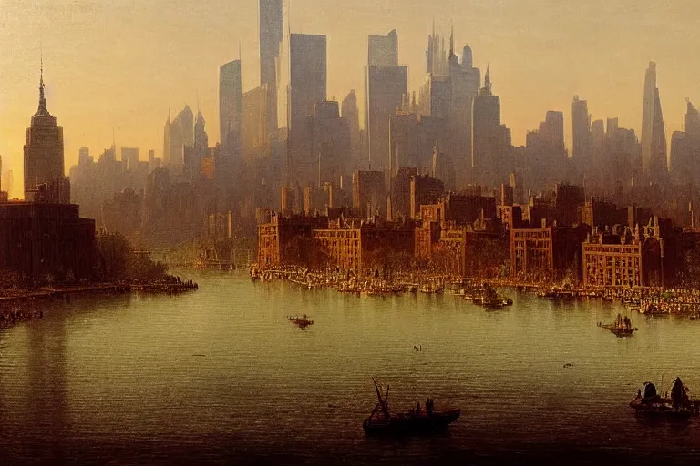 Image similar to downtown new york city, 1 8 0 0 s, rule of thirds, matte painting, highly detailed, cinematic lighting, by albert bierstadt, frederic edwin church