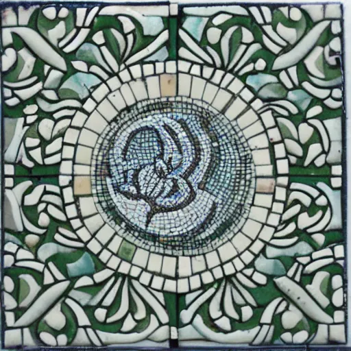 Image similar to detailed tile design, mosaic closeup, depicting swan and waterlily