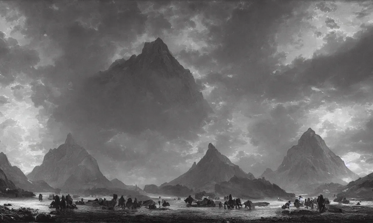 Image similar to great hall under the mountain, in the far distance a red glow. andreas achenbach, zack snyder, tokujin yoshioka