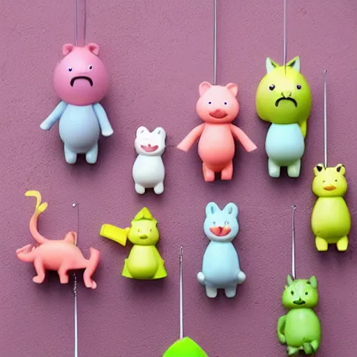 Prompt: some cute plastic toys that look like animal characters hanging laundry in the backyard, pastel colors