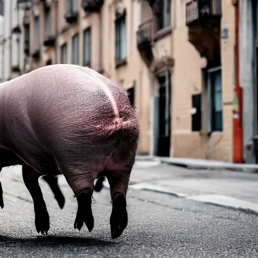 Prompt: award - winning hyperdetailed photograph of an abnormally sized ginormous giant massive scaled up pig walking across a city, 4 k, 8 k, high quality