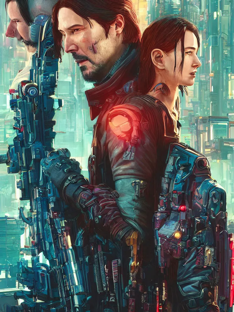 Image similar to a cyberpunk 2077 couple portrait of Keanu Reeves as Johnny Silverhand and female V in daily life ,love story, pray, hug, hold, kiss, film lighting, by Josan Gonzalez,Andrei Riabovitchev, Tom Bagshaw,Laurie Greasley, Dan Mumford, John Wick, Speed, Replicas, Destination Wedding, The Lake House, artstation, full of color, Digital painting, face enhance, highly detailed,8K, octane, golden ratio, cinematic lighting