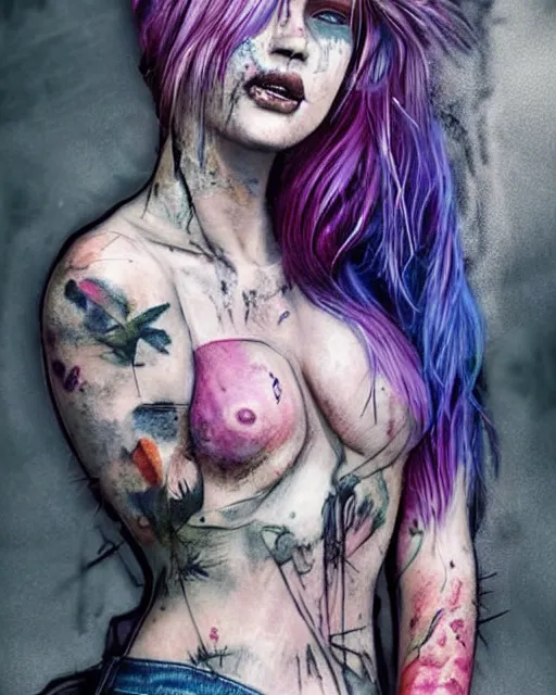 Prompt: attractive grungy woman with rainbow hair, drunk, angry, soft eyes and narrow chin, dainty figure, long hair straight down, torn overalls, basic white background, side boob, tattooed, piercing, smokes bong, blows smoke, wet shirt, wet, raining, highly detailed face, realistic face, beautiful detailed eyes, fantasy art, in the style of greg rutkowski, illustration, epic, fantasy, intricate, hyper detailed, artstation, concept art, smooth, sharp focus, ray tracing, vibrant,