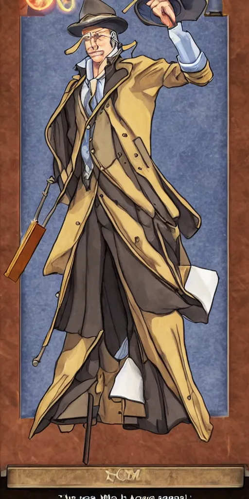 Image similar to the judge from Ace Attorney with a beam scale in one hand. Tarot card Justice, impressive art, detailed, single subject, high quality