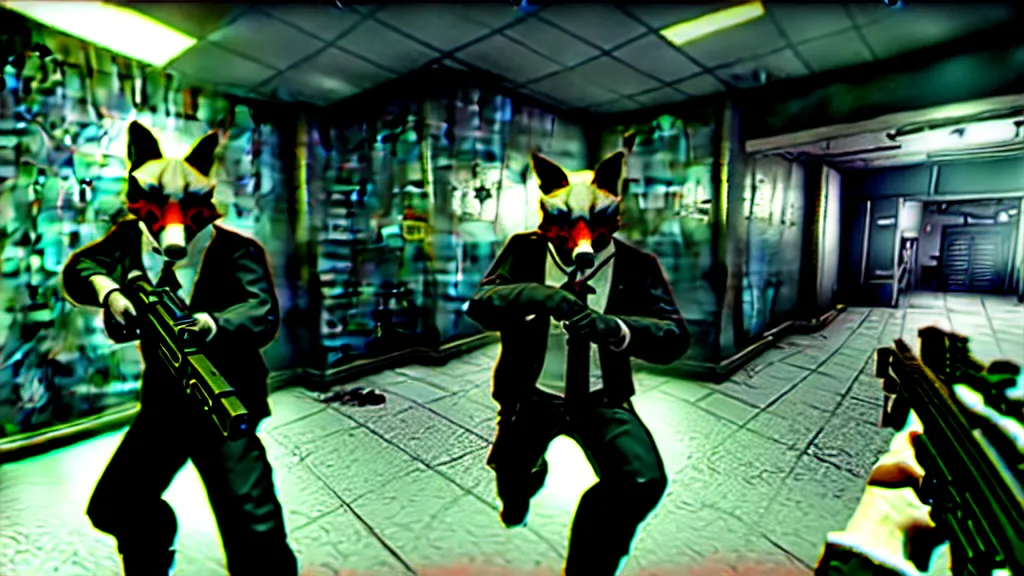 Image similar to screenshot from the pc game payday 2 demonstrating the fursuit unlock - hoxton? more like foxton.