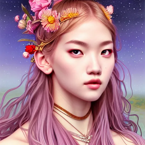 Image similar to portrait of jossi of blackpink, goddess of the moon, highly detailed, digital painting, smooth, sharp focus, illustration, ultra realistic, 8 k, art by artgerm and alphonse mucha