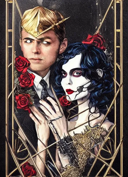 Prompt: tarot card :: horror :: vampires and draculas :: the great gatsby :: hearts and roses :: gold and silver :: guns and swords :: side profile :: highly details :: intricate details :: Sandra Chevrier and bastien lecouffe deharme