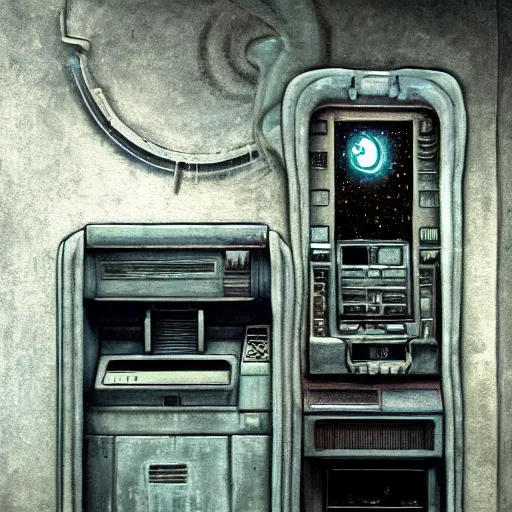 Prompt: detailed painting of a scifi abandoned atm, celestial ephemeral ornaments and art nouveau architecture, artstation, h. r giger, in africa, cinematic