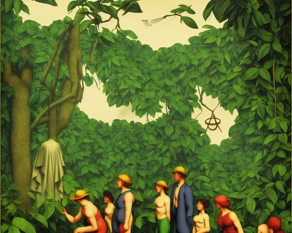 Prompt: an achingly beautiful print of blind justice in the rainforest by Raphael, Hopper, and Rene Magritte. detailed, romantic, enchanting, trending on artstation.