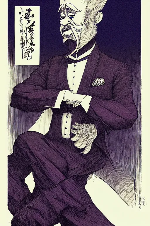 Prompt: a vibrant! sideview waist up portrait of mysterious master shifu wearing tuxedo by laurie greasley and rene magritte, etching by gustave dore, colorful flat surreal ethereal, intricate, sharp focus, illustration, highly detailed, digital painting, concept art, masterpiece