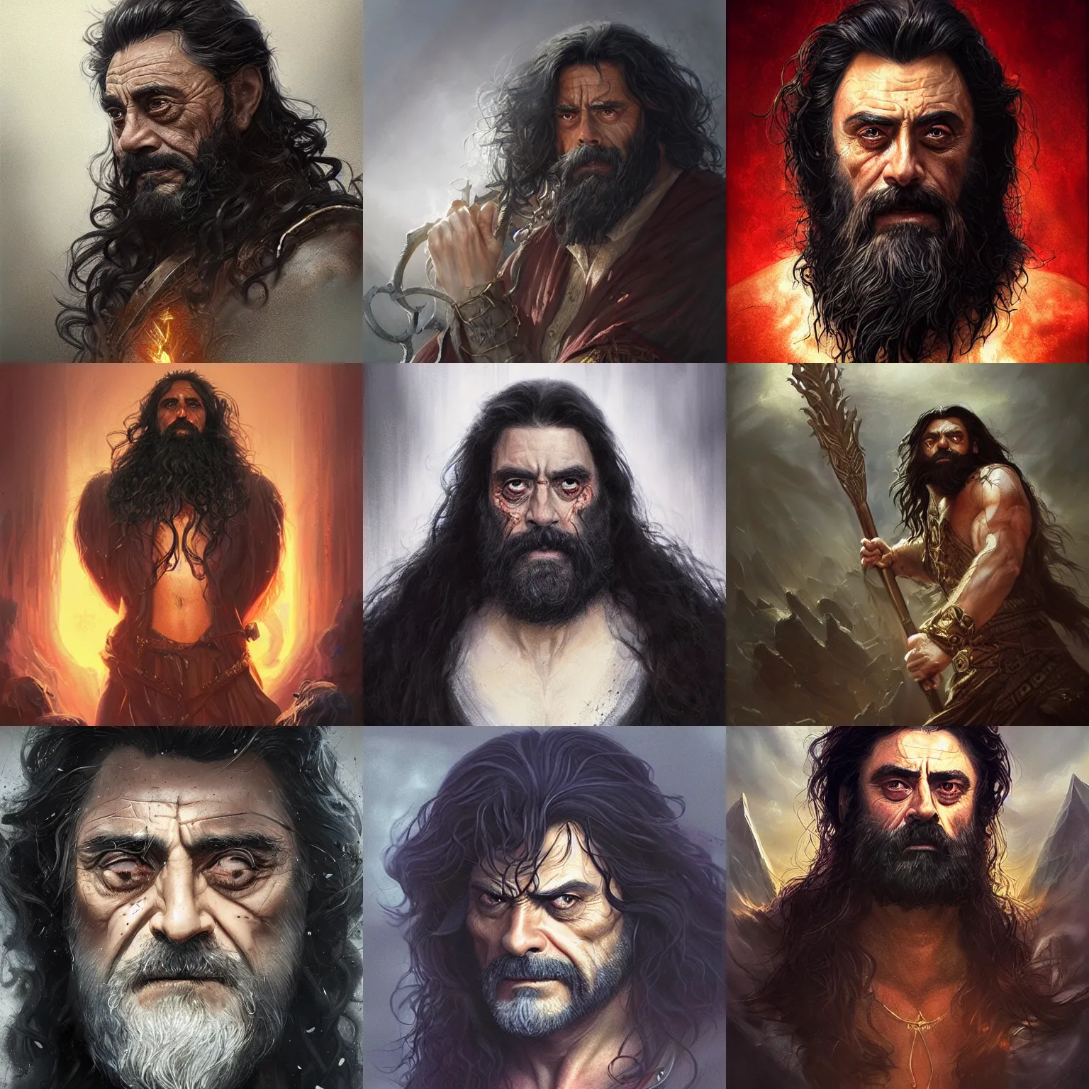 Prompt: god of the dead, ian mcshane, long black hair, long curly black beard, d & d, fantasy, portrait, highly detailed, digital painting, trending on artstation, concept art, sharp focus, illustration, art by artgerm and greg rutkowski and magali villeneuve