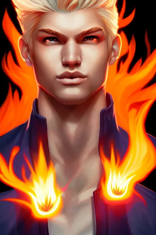 Image similar to character art by artgerm, young man, blonde hair, on fire, fire powers