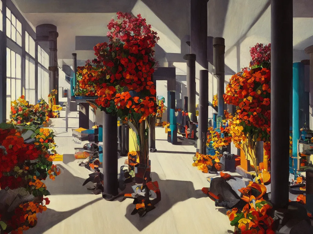 Image similar to colorful minimalist industrial interior hallway with monolithic pillars in the style of ridley scott and stanley kubrick, impossible stijl architecture, bed of flowers on floor, ultra wide angle view, cinematic, god rays, volumetric lighting, realistic detailed painting by edward hopper