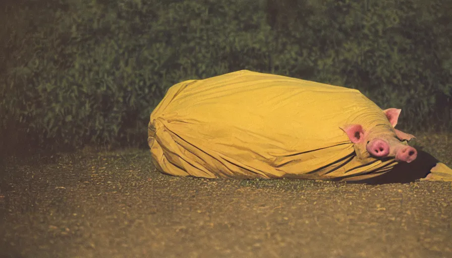 Image similar to 5 0 s movie still of a yelling pig in a flesh cocoon in a yellow tunnel, cinestill 8 0 0 t 3 5 mm technicolor, heavy grain, high quality, high detail