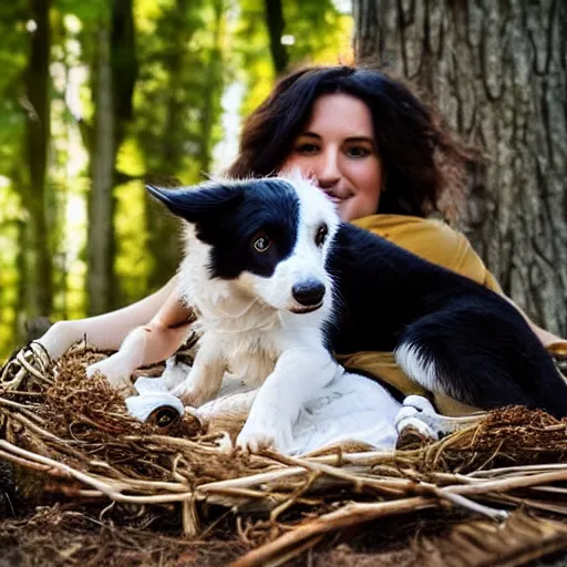 Prompt: a border collie protecting both a human baby and a fledgling who are both in a nest in a forest, beautiful, golden hour, impressionist