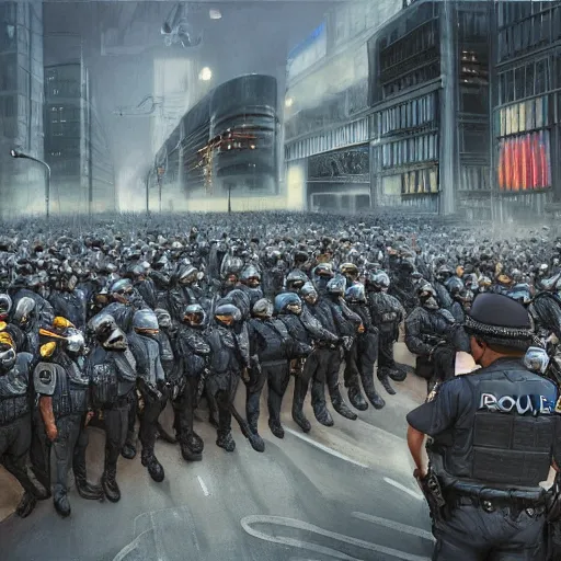 Prompt: police lined up, standing against the crowd of protesters, concept art, intricate details, highly professionally detailed, cgsociety, highly detailed -