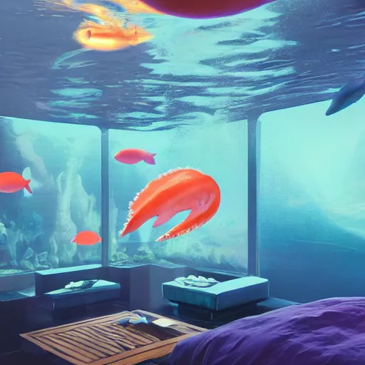 Image similar to the realistic photo of the modern room as aquarium with a big jellyfish and beautiful corals, sharks, under the ocean, realistic colors, realistic shadows, daylight made in blender, hd, 3 d by beeple by greg rutkowski and damian hirst