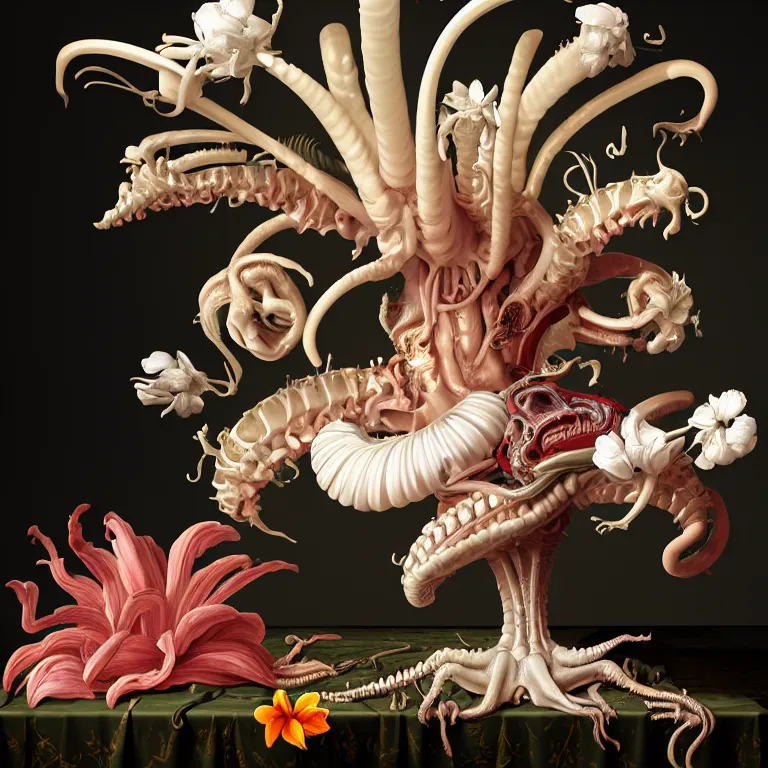 Prompt: still life of white xenomorph, beautiful tropical flowers, human spine, colorful mold, baroque painting, beautiful detailed intricate insanely detailed octane render, 8K artistic photography, photorealistic, chiaroscuro, Raphael, Caravaggio