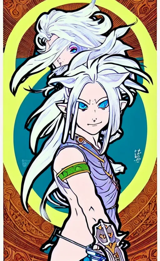 Image similar to link as the fierce diety form with white hair!! from the legend of zelda!! portrait illustration, pop art, splash painting, art by geof darrow, ashley wood, alphonse mucha, makoto shinkai