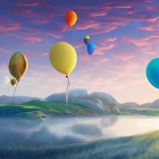 Image similar to digital art of a landscape in bretagne with giant birthday balloons, artstation cgsociety masterpiece