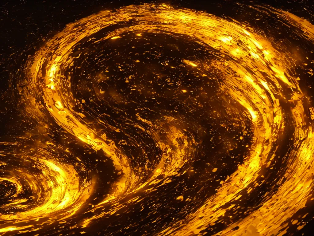 Image similar to fluid gold swirling into a black whole, wide angle perspective, 8 k, unreal engine 5, 3 d animation, big depth of field