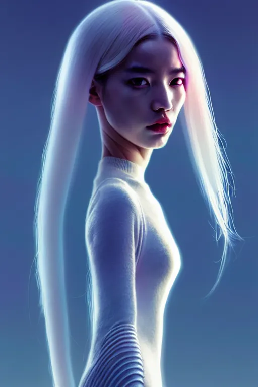 Prompt: family android women, scifi, futuristic design, bae suzy, long white hair, character design, cinematic lighting, highly detailed, by beeple, goro fujita, smooth gradient.