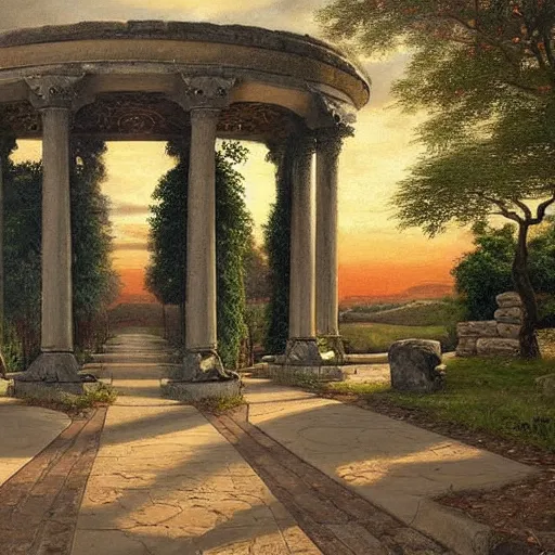 Prompt: a painting of a sunset in a park, an art deco matte painting by Edwin Deakin, pinterest, stone paths with a stone wall, pavilion, columns, vines, german romanticism, detailed painting, pre-raphaelite