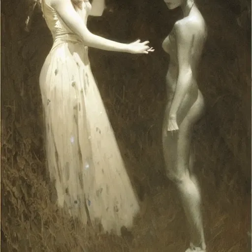 Image similar to a pair of glowing silver eyes shining in the darkness belonging to a mysterious young girl who's silhouette is hardly visible in the darkness. by jc leyendecker. gaston bussiere. makoto shinkai