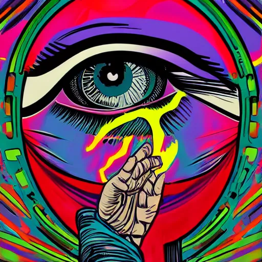 Prompt: a painting of an eye surrounded by various objects, cyberpunk art by lale westvind, behance contest winner, cubo - futurism, tesseract, biomorphic, psychedelic