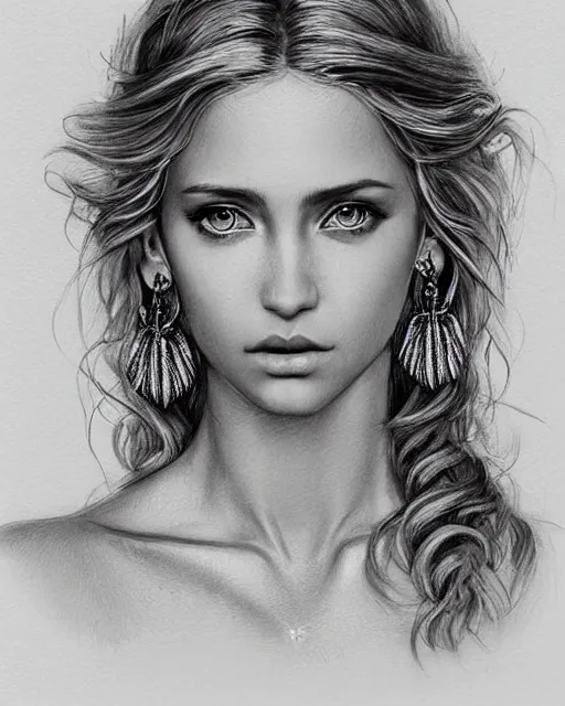 Image similar to pencil sketch of beautiful greek goddess aphrodite with arrowhead earrings and beautiful feather jewelry, beautiful piercing eyes, beautiful blonde hair, hyper realistic face, in the style of greg rutkowski, fantasy, amazing detail, epic, elegant, smooth, sharp focus, from the front