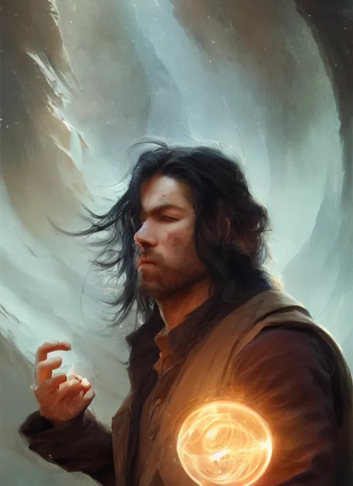 Image similar to side profile of a man with long black hair in brown rags holding a magical orb, fantasy, intricate, sharp focus, lens flare, bloom, illustration, highly detailed, digital painting, concept art, matte, art by ruan jia and wlop and greg rutkowski, masterpiece