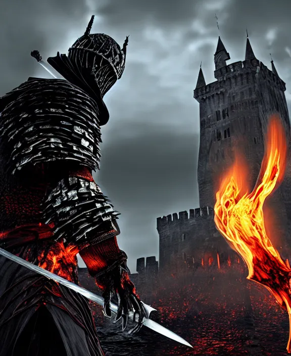 Image similar to anatomically correct dark souls knight with long sword on fire, dark night, castle on the background, wet surface, unreal engine 5, lumen technology, incredible detalization, film still, by alberto mielgo