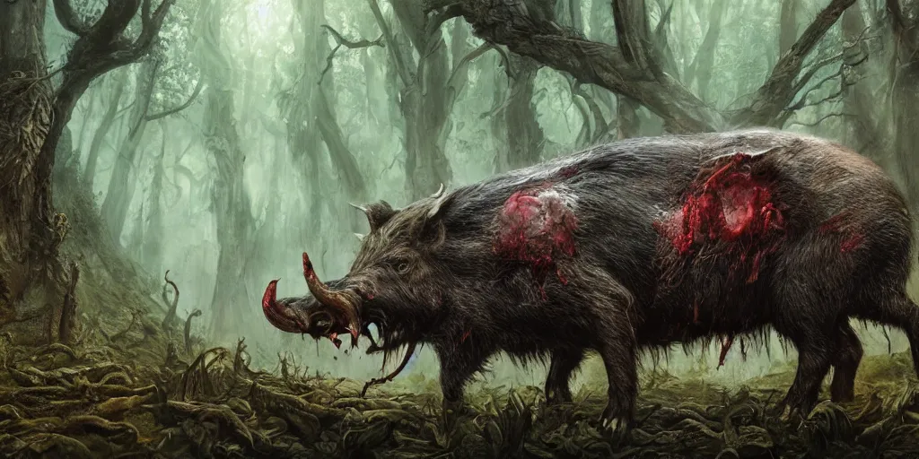 Prompt: giant wild boar god with bloody eyes and many tusks, in dark woods, dim colors, forest, highly detailed illustration, masterpiece, fantasy, magical, hyperdetailed, realistic, witch fairytale, 4 k, 8 k, highly detailed matte painting, dungeons and dragons