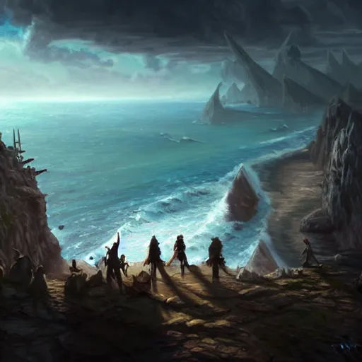 Image similar to D&D adventuring party facing away on cliff overlooking shipwreck, naval background, portrait, magic the gathering artwork, D&D, fantasy, cinematic lighting, centered, symmetrical, highly detailed, digital painting, artstation, concept art, smooth, sharp focus, illustration, volumetric lighting, epic Composition, 8k, art by Akihiko Yoshida and Greg Rutkowski and Craig Mullins, oil painting, cgsociety