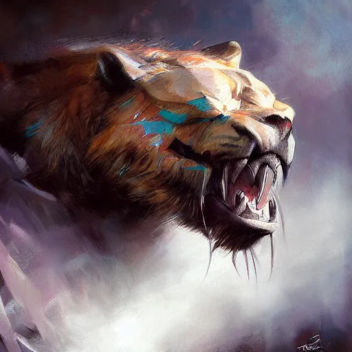 Prompt: sabertooth painted by Raymond Swanland
