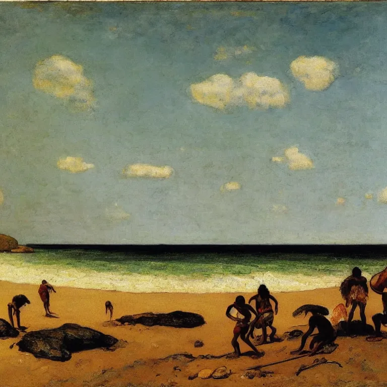 Prompt: An aborigine on the shoreline from Australia trading with a settlers coming off a boat, the settlers are wearing multicolour clothes, the ocean horizon is in the distance, wide angle shot, by Gustave Courbet