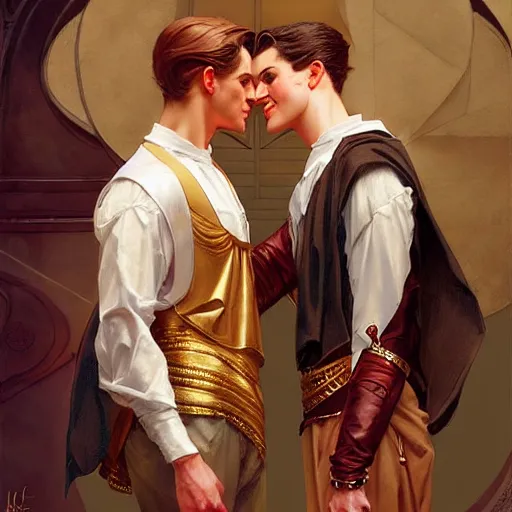 Image similar to attractive fully clothed king confesses his love for his attractive fully clothed male prince. highly detailed painting by j. c. leyendecker, craig mullins, tom bagshaw,