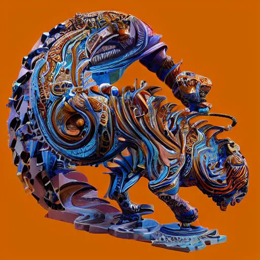Image similar to coloured sculpture breathtakingly cool beautiful stylised balinese ornate biomechanical tiger, isometric perspective, 8 k artstation