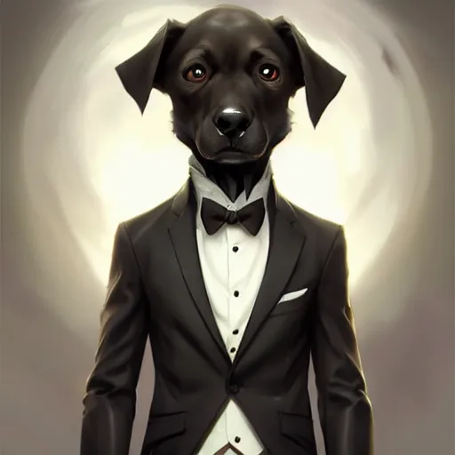 Image similar to an anthropomorphic dog wearing a tuxedo suit,Character design by charlie bowater, ross tran, artgerm, and makoto shinkai, detailed, inked, western comic book art, 2021 award winning painting,photorealistic,detailed face,professional lighting,studio photograph,hyperdetailed,art by greg rutkowski,digital art