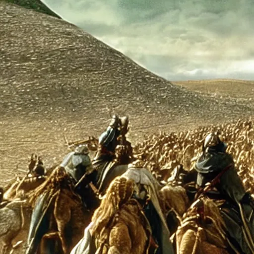 Prompt: still from lord of the rings showing the ride of the rohirrim, riding toward minas tirith on camels