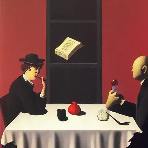 Image similar to a demon takes you out for a nice dinner by Raphael, Hopper, and Rene Magritte. detailed, romantic, enchanting, trending on artstation.